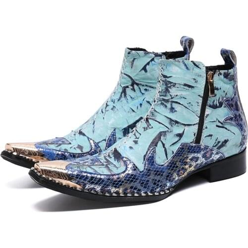 Designer Men Ankle Boots Blue Elegant Party Genuine Leather Men Dress Wedding Boots Fashion Formal Zip Short Boots Shoes male