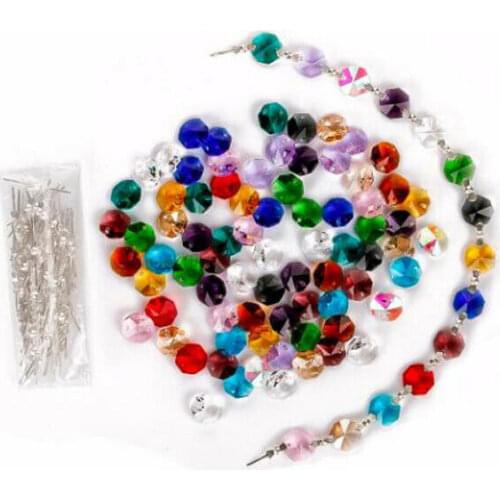 Camal 100Pcs 14mm Multicolor Crystal Octagonal Loose Beads Chandelier Lamp Part + 100pcs Chrome Bowtie Pins Connectors Craft DIY