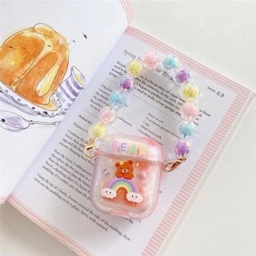 Dynamic Liquid Case For AirPod2 Cases Glitter Liquid Cartoon bear Cover For AirPod 2 Covers Protector For Air Pods Coque+Chain