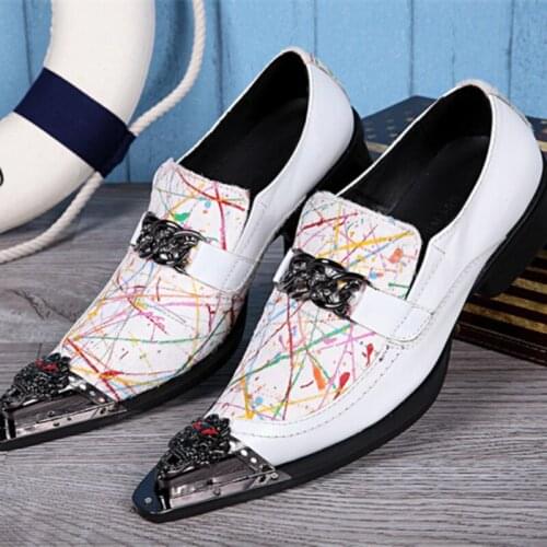 Christia Bella White Plus Size Personalized Doodling Mens Metal Carved Pointed Toe Shoes Party Dress Man Genuine Leather Shoes