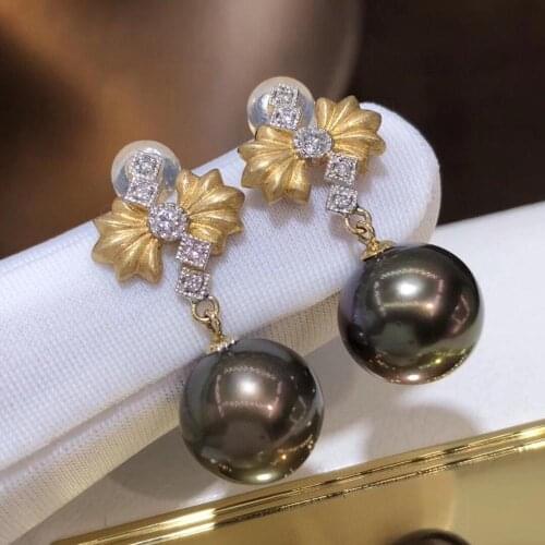 D626 Pearl Earrings Fine Jewelry Solid 18k Gold Round 9-10mm Nature Fresh Water Peacock Green Black Pearls Drop Dangle Earrings