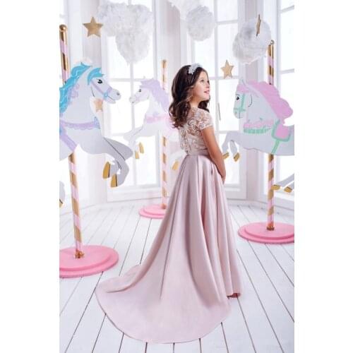 Two Pieces Kids Flower Girl Dresses For Weddings Lace Applique Short Sleeve Special Occasion First Communion Dress For Girl