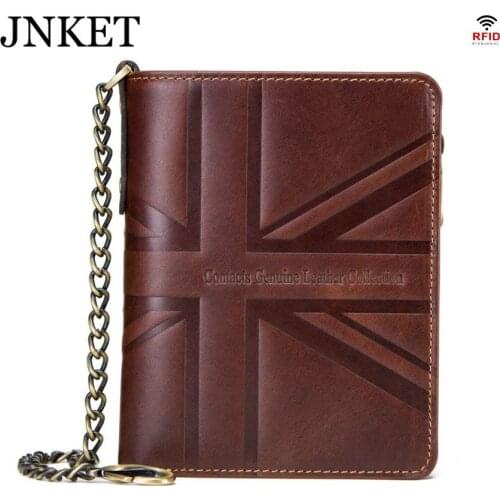 JNKET New Embossing Mens Wallet RFID Cow Leather Billfold Money Clip Three Folded Chain Clutch Wallet Retro Coins Purse