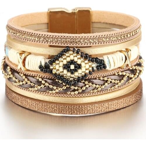 Leather Bracelet Women Fashion Evil Eye Charm Wide Wrap Bracelet Bohemian Ladies Party Gift Jewelry Wholesale