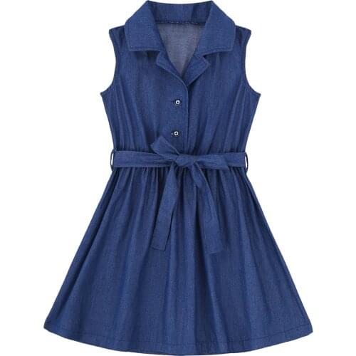 Summer Dress For Girls Sleeveless Lapel Denim Dress Big Girls Party Dress Kids Clothes Princess Flower Girl Dresses 4-16 Years