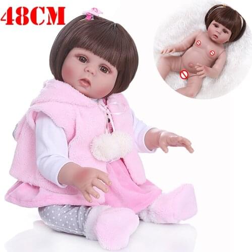 NPK DOLL 48CM bebe reborn toddler girl doll toys in pink rabbit dress full silicone baby smooth long hair Anatomically Correct