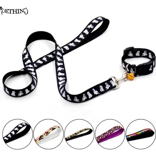 New Halloween pet dog collar+leash sets with bell variety of Halloween pattern supply for dog pet collar leash with pumpkin bell