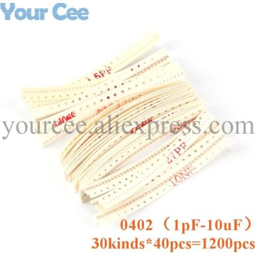 1200pcs / lot 0402 SMD Capacitor kit 30 values*40pcs 1PF-10UF Electronic Components Package Capacitor Assorted Kit Samples Diy