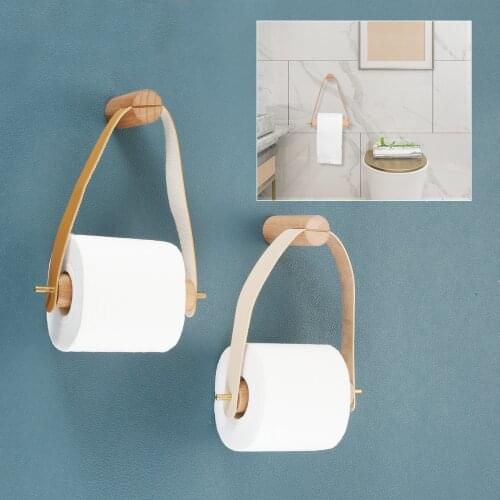1pc Wood+Leather/Brass Toilet Paper Holder Roll Hanging Rope Towel Rack Wall Mount Beige/Brown Home Decor Bathroom Hotel Bar