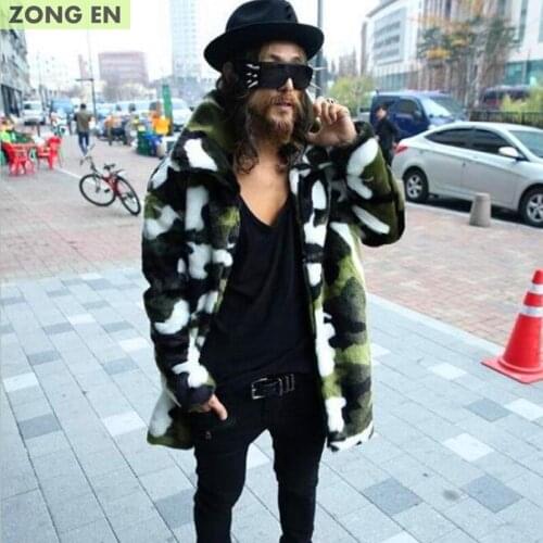 2019 New Fashion Mens Faux Fur Coat Camouflage Warm Rabbit Warm Jacket Mens Winter Leather Jackets Lapel Outdoors Windbreaker