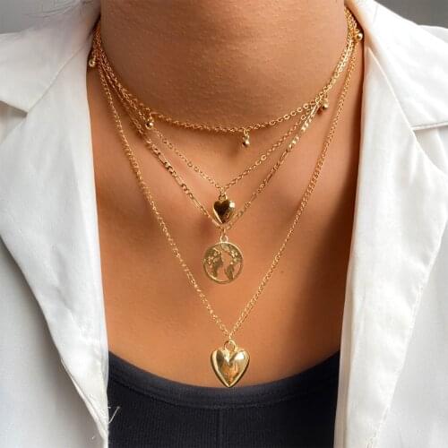 KISS WIFE NEW Multi-layered Heart Map Beads Pendant Necklace For Women Thin Chain Necklaces 2021 Trendy Fashion Jewelry Gift