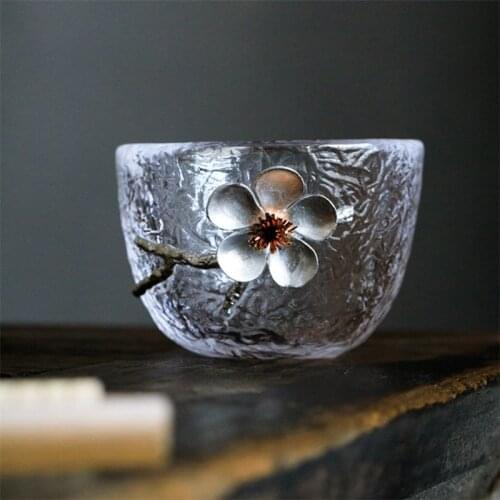 Japanese Style Transparent Glass Teacup Creative Tin Plum Flower Office Kung Fu Water Mug Heat Resistant Drinking Tea Cups