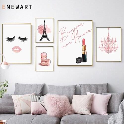 Pink Lipstick Fashion Eyelash Canvas Painting Makeup Poster and Print Wall Art Picture Modern Girl Woman Room Decoration