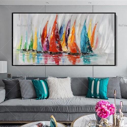 Hand-painted Oil Painting Modern Abstract Sailboat Design Living Room Home Office Bedroom Wall Art Canvas Decorative Mural