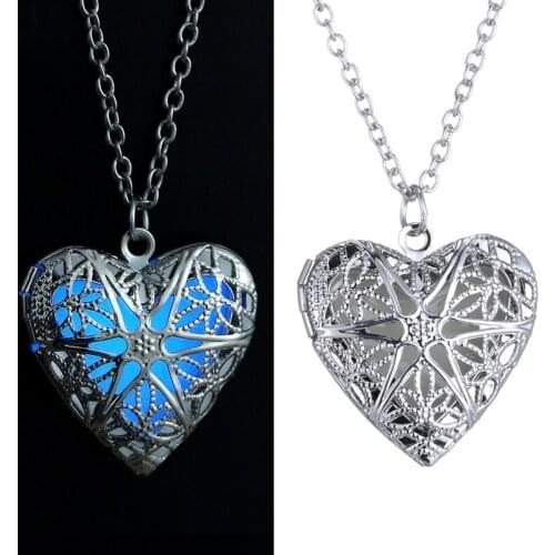 Glow In The Dark Heart Necklace Square Heart Necklaces For Woman Hollow Water Drop Pendant Night Fluorescence Light Accessories