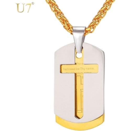 U7 Cross Necklaces Pendants Christian Jewelry Bible Lords Prayer Dog Tags Gold Color Stainless Steel Christmas Gift For Men P682