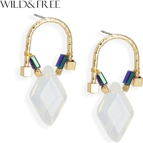 WILD & FREE Women Geometric Shape Natural Stone Stud Earrings Vintage Gold Drop Pendant Earrings Jewelry for Women Gift