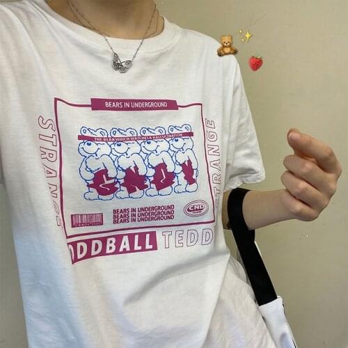 Hillbilly Little Bears Print Funny Graphic Tee Shirt Summer White Cotton Aesthetic Tops Oversized Kpop Women Cute T shirts