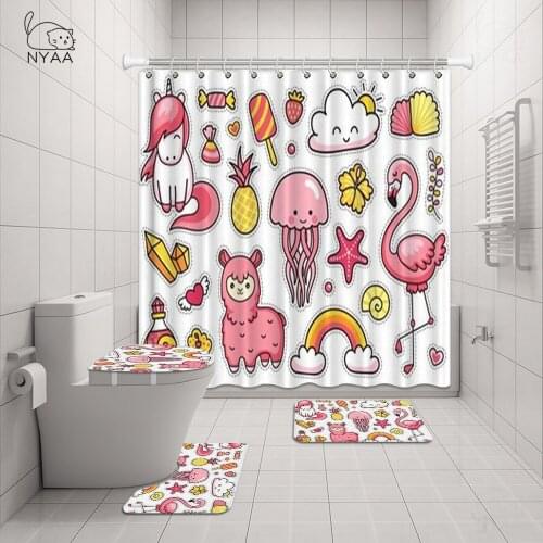 Tropical Flamingo Shower Curtain Set Non-Slip Rug Toilet Lid Cover Bath Mat Waterproof Mildewproof Bathroom Curtains Luxury Set