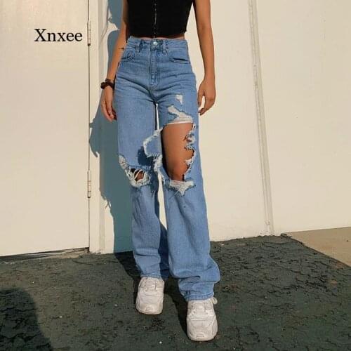 2021 Summer Womens Ripped Straight-Leg Womens Jeans Loose Retro High-Waisted Personality Fashion Denim Old Streetwear