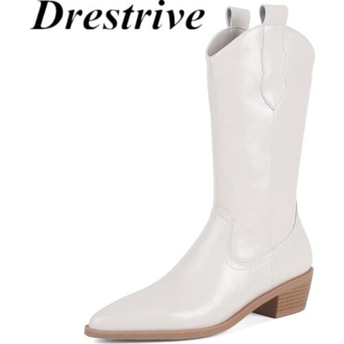 Drestrive Women Mid Calf Boots Pointed Toe Zipper Cow Slipt Leather 2021 Winter Shoes Thick Heels Brown Platform Street