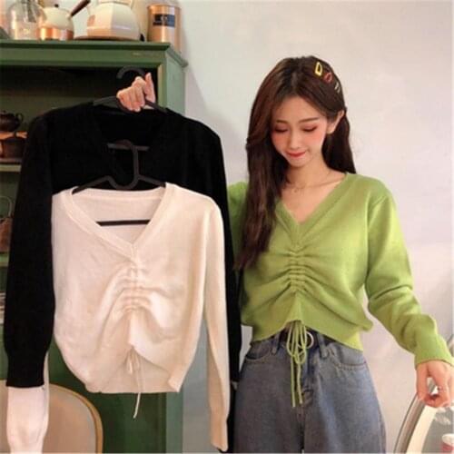 2021 Cropped Sweaters Women Spring Fall Lace-up V-neck Design Solid Ladies Knitwear All-match Trendy Preppy Femme Sweater Simple