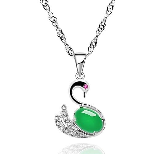 Elegant swan emerald agate green jade zircon diamonds gemstones pendant necklaces for women jewelry silver color argent bijoux