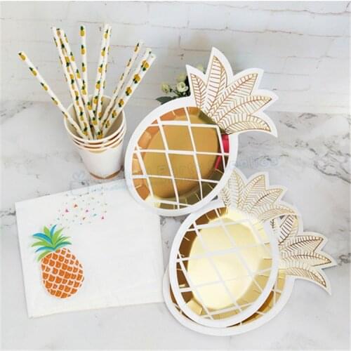40 Sets White Gold Pineapple Party Supplies Fruit Paper Dishes Cups Straws Napkins Tropical& Hawaiian Luau Party Supplies