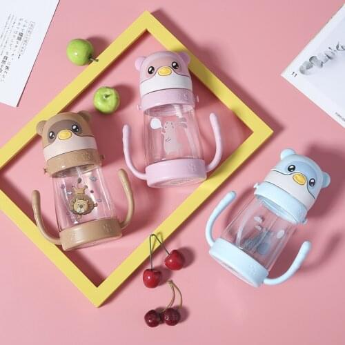 Baby Feeding Bottle Kids Cup Silicone Sippy Children Leakproof Drinking Cups Cartoon Infant Straw Handle Drinkware