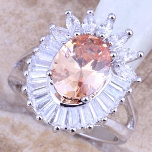 Charismatic Champagne Morganite White CZ Silver Plated Womens Ring Size 6 / 7 / 8 / 9 R1394