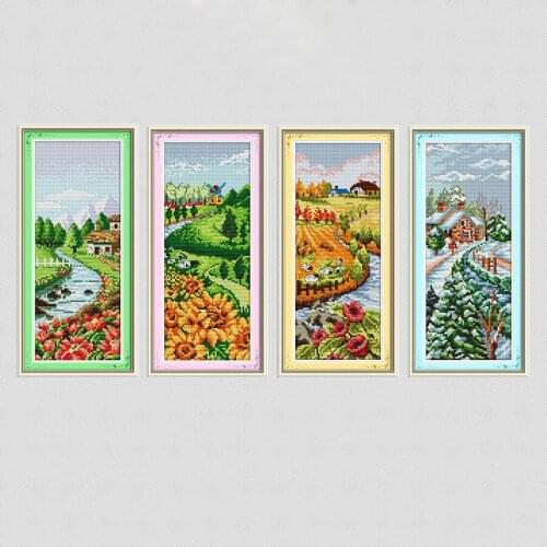 Spring summer autumn and winter seasons garden scenery pattern counted printed on canvas DMC 11CT 14CT Chinese Cross Stitch kit