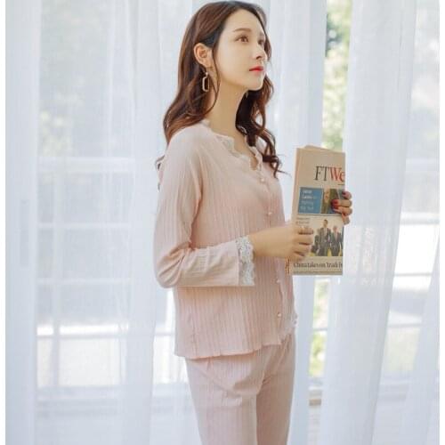 Korean Pajama Female Pure Cotton Autumn Suit Sweet Lace Princess Wind Fresh Lovely Girl Home Wear Two Pieces Intimate Sleepwear
