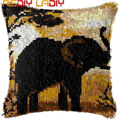 Latch Hook Cushion Elephant in the Woods Pillow Case Acrylic Yarn Pillow Pre-Printed Color Canvas Crochet Cushion Cover Crafts