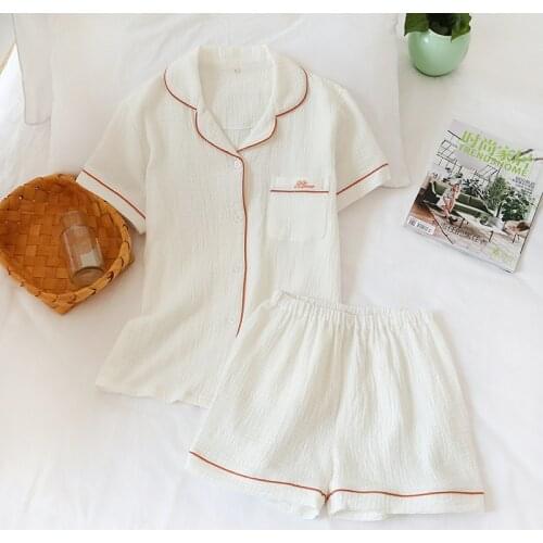 Summer Couple Pajamas Suit Cotton Crepe Ladies Plain Color Short-sleeves Mens Shorts Pajamas Mens Home Service