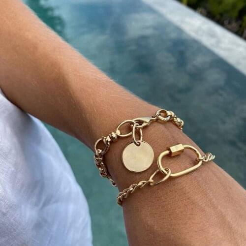 New Boho Engraved Multi-layer Geometry Chain Big Round Sheet Pendant Bracelet Accessories Best Gift For Women Wholesale B012