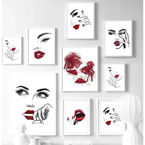 Fashion Canvas Poster Print Red High Heels Sexy Girl Lips Eyelash Wall Art Nail Oil Canvas Painting Minimalist Picture Decor Art