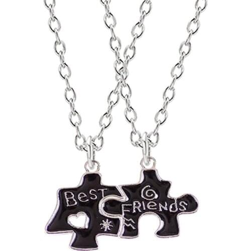 2020 Fashion Trend 2 Piece Set Geometric Black Puzzle Pendant Necklace Best Friend BFF Friendship Gift Jewelry