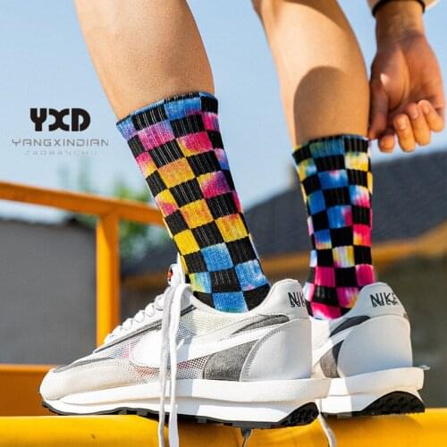 3 Pairs/Mens Socks High Quality Thick Terry Cotton Tie-Dyed Skateboard Hip-Hop Sport Socks Men Fashion Polychrome Plaid Socks