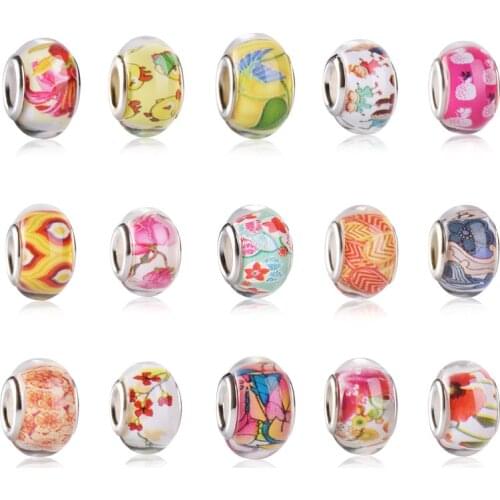 Candy Colors Charming Beads for DIY Girl Jewelry Making Craft Big Hole Silver Plated Flowers Resin Spacer Charms Bead 100pcs/lot