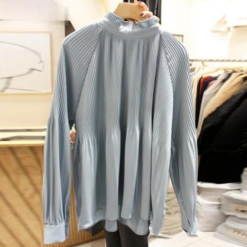 Stand Collar Long Sleeve Solid Blouse Women Elegant Work Style Office Lady Loose Blusas Spring 2021 New Draped Shirt