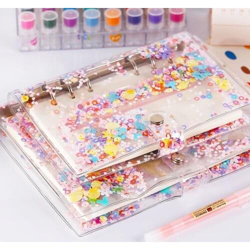 A5 A6 Transparent Glitter Sequins 6 Rings Folder Loose Leaf File Cover Planner Ring Binder School Office Stationery Supplies