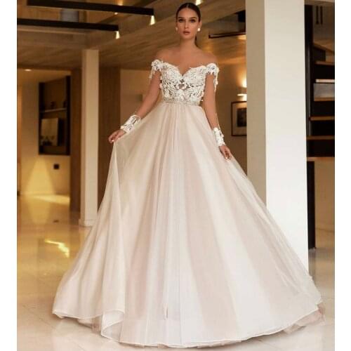 Wedding Dress A-Line Full Sleeve Sheer Neck Lace Appliques Sequined Beads Backless Floor Length Sweep Train Bride Gown New