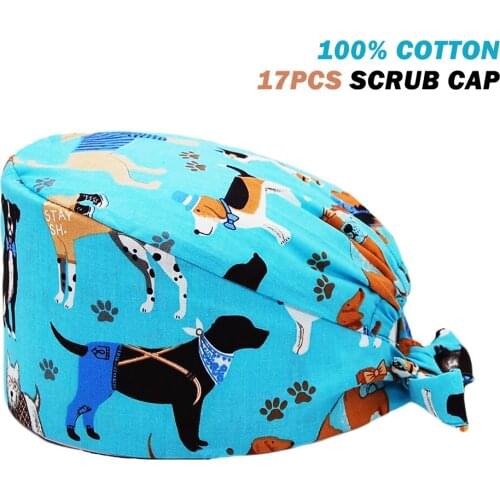 Unisex Scrubs Caps Adjustable 100% Cotton Dog Printing Surgicals Hat Beauty Salon Pet Shop Work Accessories Scrub Cap Wholesale