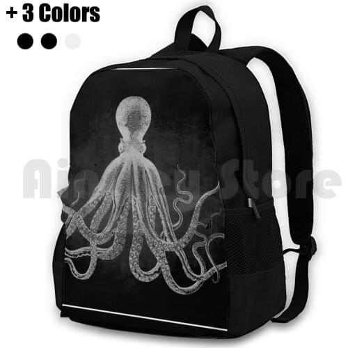 Vintage Lord Bodner Octopus Print-White On Black Outdoor Hiking Backpack Riding Climbing Sports Bag Vintage Engraving Black