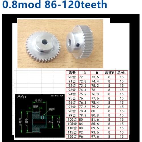 Convex step aluminum alloy 0.8 mod 86t 87t 88t 89t 90t 91t 92t 93t 94t 95t 96t 97t 98t 99t 100t 105t 120 teeth cylindrical gear
