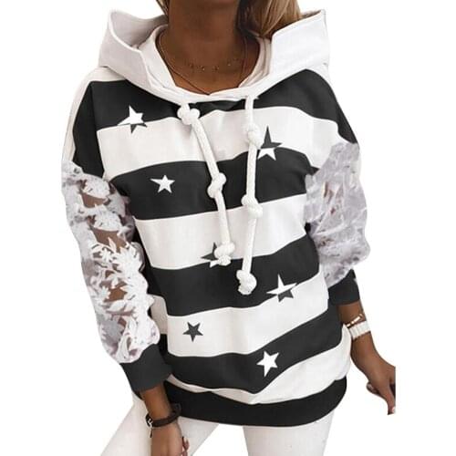 Women Casual Lace Patchwork Long Sleeve Star Stripe Loose Hoodie Sweatshirt