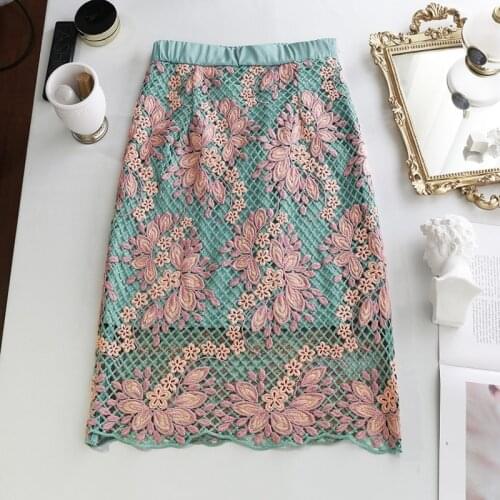 Women embroidered flower package hip skirt women spring autumn retro water-soluble lace high waist skirt 2020