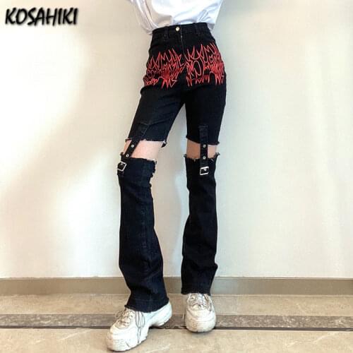 KOSAHIKI Hollow Jeans Woman Black Denim Pants Flame Print Womens Harajuku Streetwear Gothic Pantalones De Mujer 2021