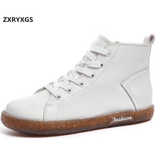 New High Top Full Genuine Leather Autumn Shoes Women Sneakers Ankle Boots Winter Warm Shoes Casual Sneakers Flat Trendy Shoes