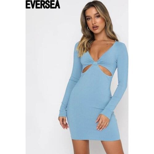 Eversea Black Cut Off Long Sleeve Dress Women Elegant Autumn Winter V Neck Skinny Fit One Piece